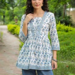 Rain and Rainbow White & Blue Cotton Floral Print Top-image-33