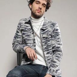 Campus Sutra Blue & White Regular Fit Self Design Denim Jacket-0