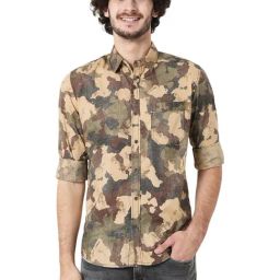 Mufti Khaki Cotton Slim Fit Printed Shirt-image-44