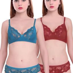 AROUSY Blue & Maroon Self Pattern Bra Panty Set - Pack Of 2-image-45