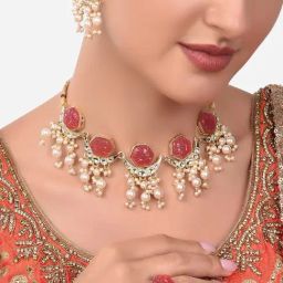 Zaveri Pearls Pink Flower Stones Kundan Crescent Choker Necklace Earring & Ring Set-ZPFK14442-8
