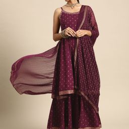 Sangria Women Burgundy & Golden Ethnic Motifs Printed Kurta with Sharara & Dupatta-picture-20