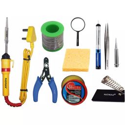 Fadman Basic Complete Kit Part Type-10 Soldering Iron Kit, Solder Wire, Stand, Wire Cutter, Soldering Paste Flux, Tweezer, Soldering Bit, Desoldering Pump, Sponge, Magnifying Glass, Soldering Iron 25 W Simple (Flat Tip)-18