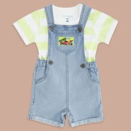 Pantaloons Baby Blue & Green Cotton Printed Dungaree Set-image-129