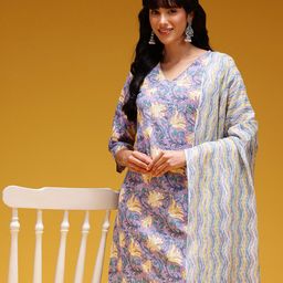 HERE&NOW Floral Print Pure Cotton Straight Kurta with Trousers & Dupatta-picture-23