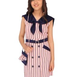 Cutecumber Kids Pink & Navy Striped Dress with Sling Bag-image-17