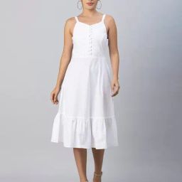 Moomaya White Cotton Regular Fit Midi Dress-image-36