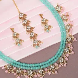 Oomph Jewellery Mint Green & Pink Beads & Kundan Multi Layer Mala Long Necklace Set with Drop Earrings & Maangtikka For Women & Girls Stylish Latest Birthday & Anniversary Gift-image-41
