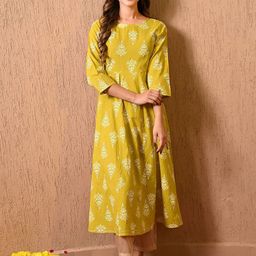 DECKEDUP Round Neck Ethnic Motifs Panelled Cotton Anarkali Kurta-image-47
