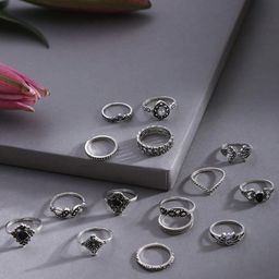 Jewels Galaxy Set Of 15 Oxidised Silver-Plated Finger Ring-image-19