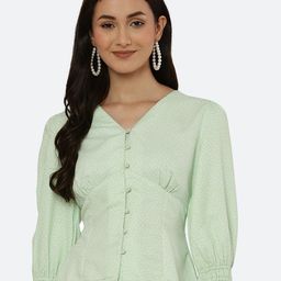 RAASSIO Green Printed Puff Sleeves Shirt Style Top-image-66
