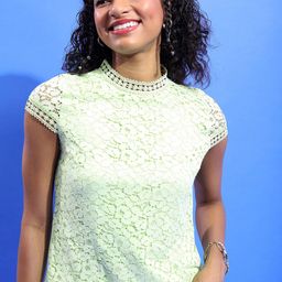 Tokyo Talkies Green High Neck Cap Sleeves Floral Lace Top-image-42