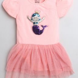 Polka Tots Half Sleeves Sequin Embellished Mermaid Queen Patch Detail Flared Tulle Romper Onesie - Pink-image-5