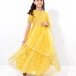 Earthy Touch Woven Half Sleeves  Mirror Work Lehenga Choli Set with Dupatta - Yellow-image-85