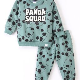 Teddy Fleece Full Sleeves Panda Printed Winter Night Suit - Green-image-60