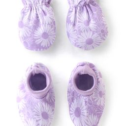 Babyhug 100% Cotton Knit Floral Print Mittens & Booties - Purple-picture-12