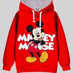 KUCHIPOO Disney Featuring Full Sleeves Mickey Mouse Printed Cotton Fleece Winter Wear Hoodie - Red-picture-5