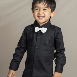 Polka Tots  Full Sleeves Solid Shirt With Bow Tie Up  - Black-picture-3