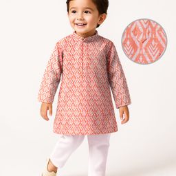 Babyhug Cambric Full Sleeves Printed Kurta with Pyjama - Peach-image-2