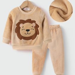 Kookie Kids Full Sleeves Winter Wear Suit With Lion Applique - Beige-image-103