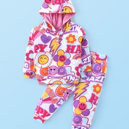 Babyhug Cotton Knit Full Sleeves Hoodie & Lounge Pants Co-Ord Set With Floral & Text Print - Multicolor-image-69