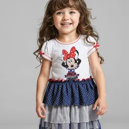 Babyhug Disney Single Jersey Knit Half Sleeves Tiered Frock With Minnie Mouse Graphics & Mesh Detailing - Blue & White-picture-3