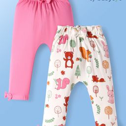 Babyoye Eco Conscious100% Cotton Knit Full Length Animal Printed Leggings with Bow Applique Pack of 2 - Dark Pink & White-image-91