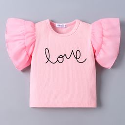 Mark & Mia Cotton Flutter Sleeves Textured Top with Love Text Print- Pink-image-76