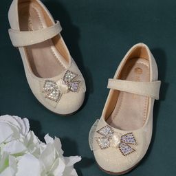 Mine Sole Bow Applique Detailed & Stones Embellished Ballerinas With Velcro Closure - Gold-image-84