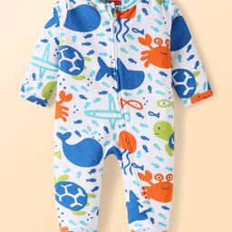 Babyhug Cotton Knit Full Sleeves Footed Sleep Suit With Fish Print - White & Blue-image-46