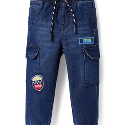 Babyhug Denim Washed Full Length Jeans With StretchCargo Pockets & Embroidered Patches - Navy Blue-image-33