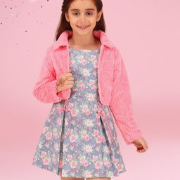 Cutecumber Floral Printed Dress With Full Sleeves Fur Detailed Shrug Set - Coral Pink-image-82