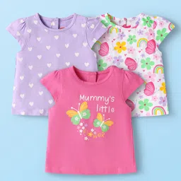 Babyhug Cotton Knit Cap Sleeves T-Shirts with Hearts & Butterfly Print Pack of 3 - Pink Lavender & White-picture-26