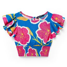 Pine Kids Woven Flutter Sleeves Top With Floral Print & Smock Detailing - Blue-image-29