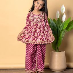 READIPRINT Cotton Three Fourth Sleeves Floral Embroidered & Gota Lace Embellished Frock Style Coordinating Kurta & Sharara Set - Burgandy-picture-4