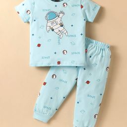 Mini Taurus 100% Cotton Knit Half Sleeves Night Suit with Space Theme Print - Light Blue-picture-11