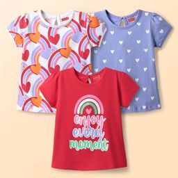 Babyhug 100% Cotton Knit Half Sleeves T-Shirt with Heart & Rainbow Print Pack of 3 - Red White & Lavender-image-68