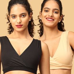 The Mom Store Cotton Knit Pack Of 2 Solid Maternity Nursing Sleep Bras - Black & Beige-image-35