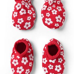 Babyhug 100% Cotton Interlock Knit Mittens & Booties With Floral Print - Red-17