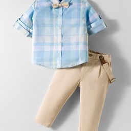 ToffyHouse 100% Cotton Woven Full Sleeves Checkered Shirt & Trouser Set with Bow & Suspender - Light Blue & Tan-picture-0