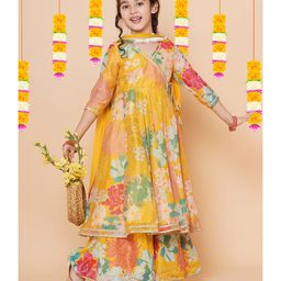 Bitiya By Bhama Silk Woven Three Fourth Sleeves Floral Printed Kurta & Sharara With Dupatta Set - Yellow-image-73
