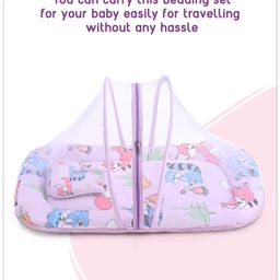 Babyhug Cotton Mattress Set with Mosquito Net Fox Print- Lilac image 5