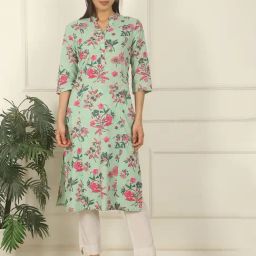 W Green Pure Cotton Floral Three-Quarter Sleeves Kurtas-image-66