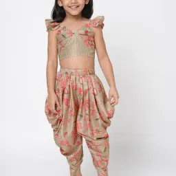 Lil Drama Kids Beige Floral Print Crop Top With Dhoti-image-48