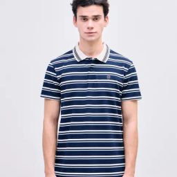 Iconic Blue Regular fit Stripes Polo T-Shirt-image-36