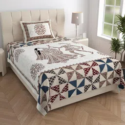 MANDAKINI Green Ethnic Motifs 144 TC Single Bedsheet With Pillow Cover-picture-22