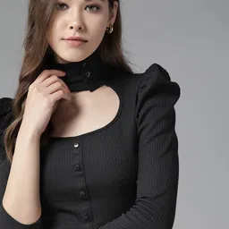Roadster Black Ribbed Top with Puff Sleeves-image-95
