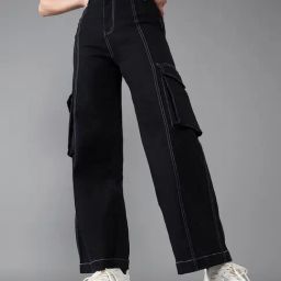 DOLCE CRUDO Black Denim Relaxed Fit High Rise Cargo Jeans-image-29