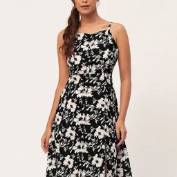 Moomaya Black & White Floral Print A Line Dress-image-15