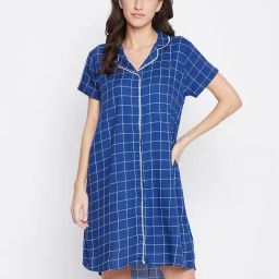 Clovia Blue & White Checks Night Dress-image-9